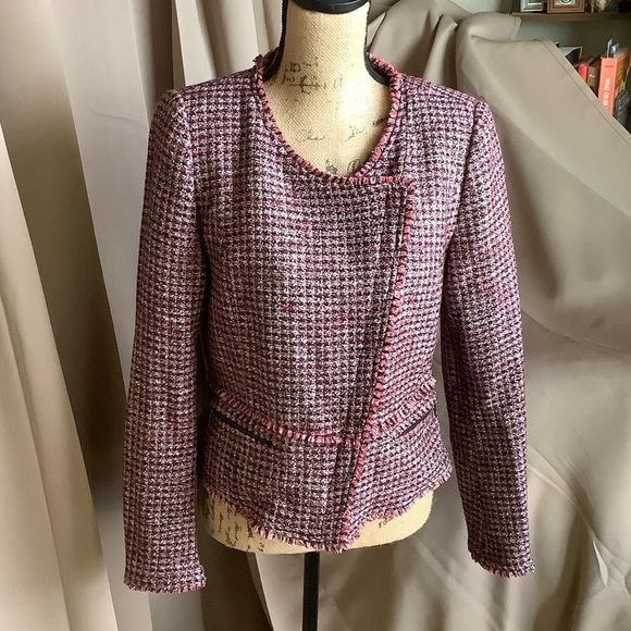 White House Black Market Tweed Moto Cut Blazer in Red, Pink and Black - Picture 2 of 6
